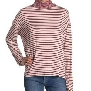 PST By Project Social T Turtleneck Top Medium Burgundy Oatmeal Stripe NWT